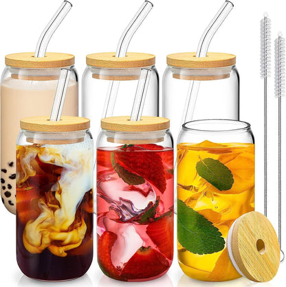 16 Oz Drinking Glasses - 6 Pcs Glass Cups with Bamboo Lids and Straws | Food-Grade Durable Clear Tumbler, Coffee Bar Accessories, Aesthetic Gift, for Beer, Iced Tea, Include 2 Cleaning Brushes1