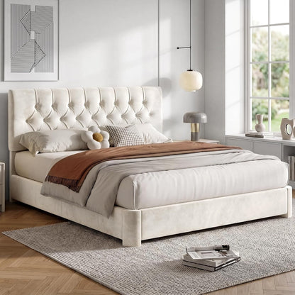 King Size Bed Frame with Headboard, Luxury Velvet Fabric Upholstered Bed Frame with Button Tufted Design, Strong Wooden Slats Support - Low & Sturdy, Noise-Free, No Box Spring, Easy Assembly, Beige1