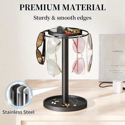 360° Rotating Sunglasses Organizer, Glasses Holder with Organizer Tray | Stainless Steel Eyeglasses Holder with Storage Base for Dresser, Desk Table, Nightstand & Home Decor, Black4