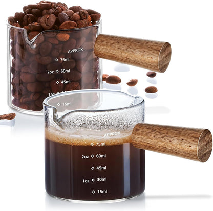 2 Pack Espresso Shot Cups Measuring Cups, 4 FL OZ Wooden Handle V-Shaped Double Spout Espresso Shot Glass, Coffee Bar Essentials, Coffee Accessories1