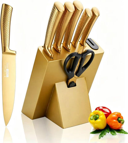 8Pcs Luxury Gold Kitchen Knife Set with Wooden Block,Elegant Gifts | High Carbon Stainless Steel Titanium Coated Chef Knives with Sharpener,Disherwash Safe,Housewarming Gift for Kitchen Decor1