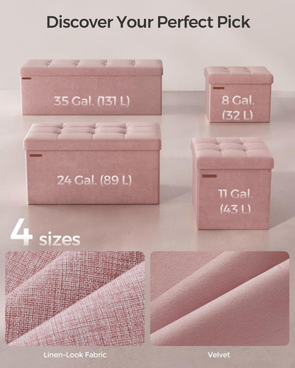 SONGMICS Mazie Collection - Storage Ottoman Bench, Foldable Foot Rest, 15 X 43 X 15 Inches, End of Bed Bench, Storage Chest, Load 660 Lb, Living Room, Bedroom, Entryway, Jelly Pink ULSF277R016