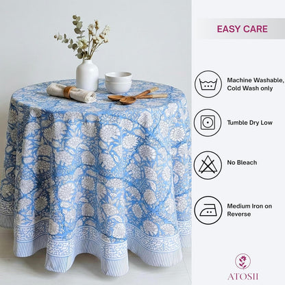 Cotton Blockprint round Tablecloth, Azora Blue, 90 Inches5