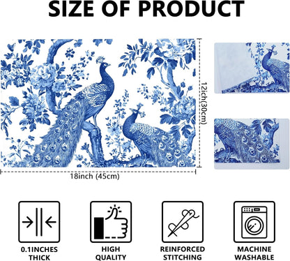 Blue and White Porcelain Peacock Table Placemats Set of 4 Place Mats Linen Wipeable Placemats Waterproof Rectangle Table Mat for Kitchen Dining Dinner 18 X 12 Inch2