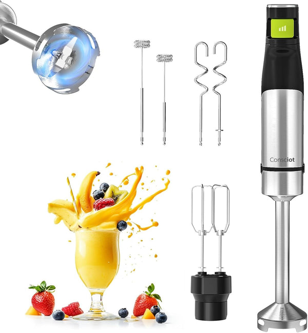 4 in 1 Immersion Hand Blender Max 1100W, Trigger Speed Control | Corded Stick Emulsifier with Entire Stainless Steel Blender Shaft, for Blending, Beating, Frothing, Mixing & More, Non-Bpa1