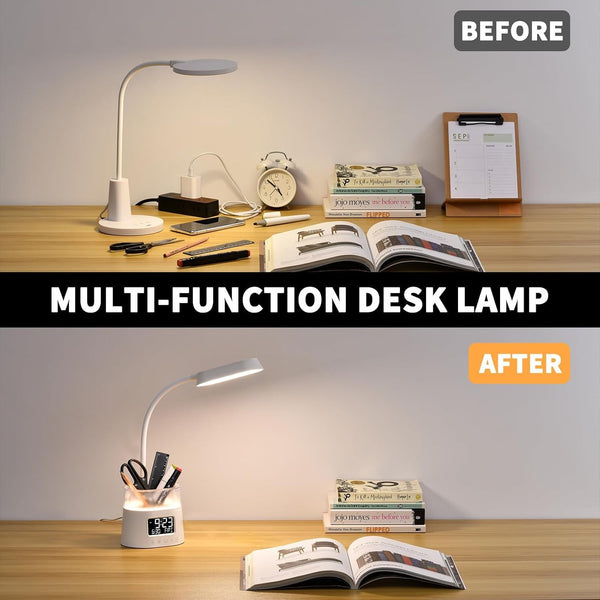 Led Desk Lamp with Pen Holder, Touch Lamps for Nightstand with 3 Color Modes, Eye-Caring Bedside Reading Light with Clock, Office Lamps Stepless Dimming, Lamp for Dorm Room, Suitable for Kid/Girl/Boy7