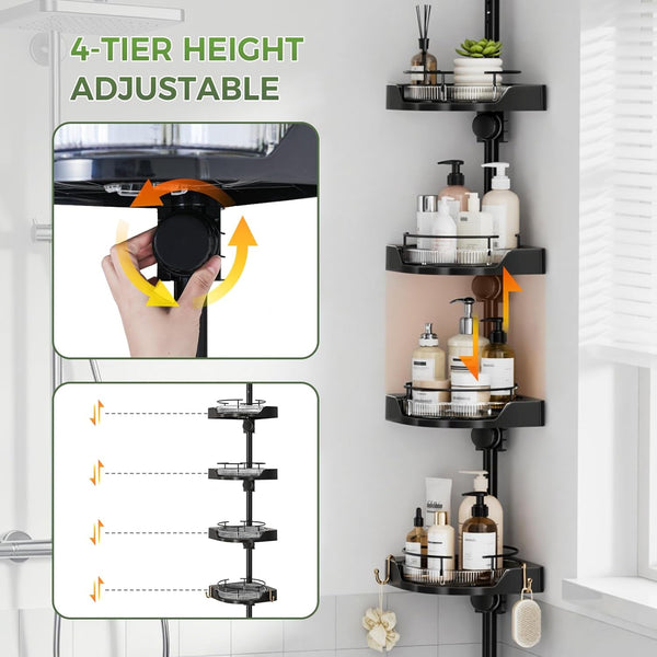 360° Rotating Shower Caddy Tension Pole with 4-Tier Rustproof Lazy Susan 35-128 Inch No Drilling Coner Shelves Adjustable Shower Rack for Bathroom Bathtub Washbasin Plant Storage (Black)6