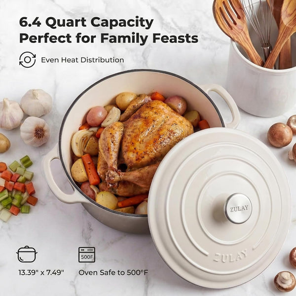 6.4QT Enameled Cast Iron Dutch Oven Pot with Lid, Heavy-Duty Soup Pot for Stews, Braising, Roasting & Sourdough Bread Baking, Oven Safe up to 500°F - White6