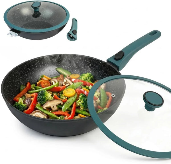 Nonstick Wok Pan with Glass Lid and Detachable Handle, 12.4In | Forged Aluminum Wok with Ceramic Coating, Induction-Ready Base, Removable Handle, and Glass Lid for Everyday Home Cooking.1