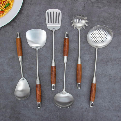 304 Stainless Steel Kitchen Utensils Set with Wood Handle, 6 PCS Metal Cooking Utensils Set, Metal Spoon,Kitchen Essentials, Non-Stick and Heat Resistant, Easy to Clean6