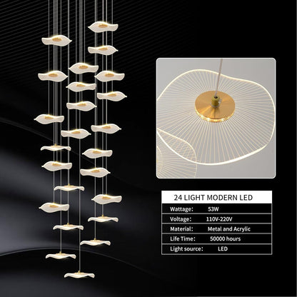 High Ceiling Chandelier - 24-Light Dimmable Modern Gold Long Spiral Luxury Linear Lotus Leaf Led Lamp Hanging Pendant Lights for Foyer Enterway Staircase Villas8