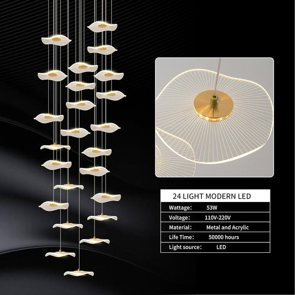High Ceiling Chandelier - 24-Light Dimmable Modern Gold Long Spiral Luxury Linear Lotus Leaf Led Lamp Hanging Pendant Lights for Foyer Enterway Staircase Villas8