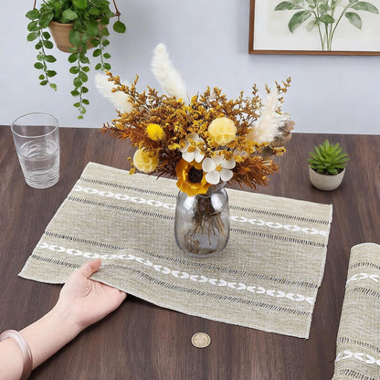 10PCS Cotton Linen Placemats 12 X 18 Inch Boho Placemats Rustic Hemstitch Place Mats Heat Resistant Wrinkle Free Table Mats for Kitchen Table Home Decorations (Beige)5