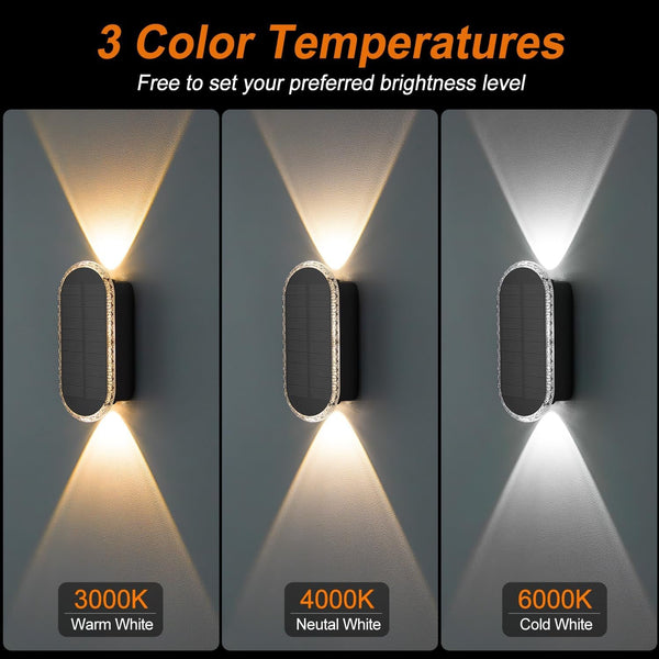 Solar Fence Lights Outdoor: 6-Pack Solar Powered Wall Lights up and down Waterproof IP65-3 Color Brighter LED Focus Lens Solarlights Dusk to Dawn 12H for Patio/Backyard/Porch/Railing4