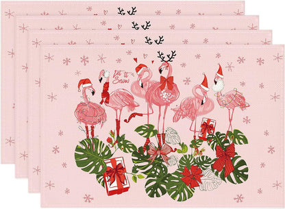 Linen Pink Christmas Placemats Set of 4 Hawaiian Tropical Flamingo Christmas Xmas Winter Holiday Home Kitchen Table Decorations1