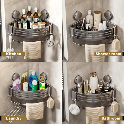 Corner Shower Caddy Suction Cup Shower Shelf Corner No Drilling Bathroom Shower Organizer Storage Rack Adhesive with Towel Bar Hooks (2-Pack,Gray)5