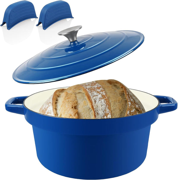 7QT Dutch Oven Pot with Lid, Enameled Cast Iron Dutch Ovens for Sourdough Bread Baking, Non-Stick Ceramic Dutch Oven Cooking Pot, Oven Safe, Blue (10 Pcs Bread Paper Liners)1