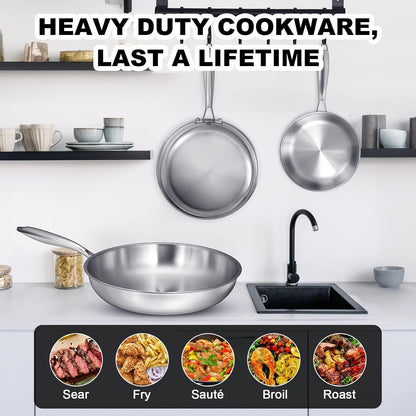 Tri-Ply Stainless Steel Frying Pans Set, 8”/10”/12” Cooking Pans, PFOA&PTFE Free Skillet, Induction Cooking Pan, Dishwasher and Oven Safe, Fast & Even Heat, Heavy Duty and Detachable Handle7