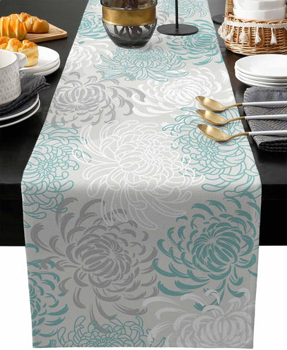 Aqua Chrysanthemum Flowers Table Runner-Cotton Linen-Long 13X120 Inches Dresser Scarves,Floral Grey Tablerunner for Kitchen Coffee/Dining/End Table Bedroom Living Room,Scarf Decor for Holiday9