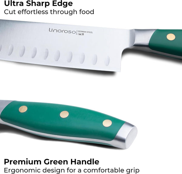 Santoku Knife 7 Inch Meat Kitchen Chef Knife with Premium Gift Box, Vegetables Knives High Carbon Stainless Steel Sharp Knife with Ergonomic Green Handle, Christmas Gifts for Women and Men8