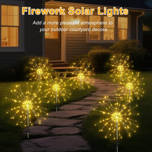Solar Garden Firework Lights Outdoor Waterproof, 4 Pack Solar Lighting with 8 Lighting Modes, 120 LED Sparklers String Lights for outside Decor Yard Pathway Decorations(Warm)6