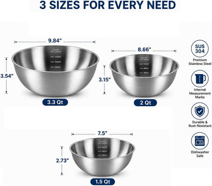 Stainless Steel Mixing Bowls Set of 3 - 9.84", 8.66" & 7.5" Metal Mixing Bowls, 3.3 Qt, 2 Qt & 1.5 Qt Stainless Steel Salad Bowls, Durable 304 Stainless Steel Bowl for Kitchen, Baking, and Meal Prep2