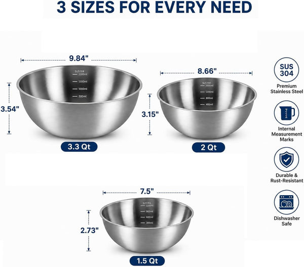 Stainless Steel Mixing Bowls Set of 3 - 9.84", 8.66" & 7.5" Metal Mixing Bowls, 3.3 Qt, 2 Qt & 1.5 Qt Stainless Steel Salad Bowls, Durable 304 Stainless Steel Bowl for Kitchen, Baking, and Meal Prep2