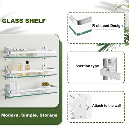 Bathroom Glass Shelf 15.7" Silver Wall-Mounted, Floating Metal Storage Rack5