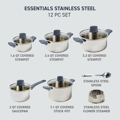 Essentials Stainless Steel Cookware Set 12 Piece, Induction Compatible, Oven Safe 350F, Cooking Set W/Stewpots, Stockpot, Saucepan, Lids & Tools, Measuring Marks, Dishwasher Safe, Silver/Blue2