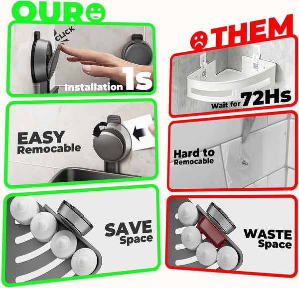 Corner Shower Caddy Suction Cup,Shower Shelves with Hooks,No Drilling Powerful Upgrade Suction Bathroom Corner Organizers and Storage,Removable Waterproof Rustproof Shower Shelf Bathroom Decor6