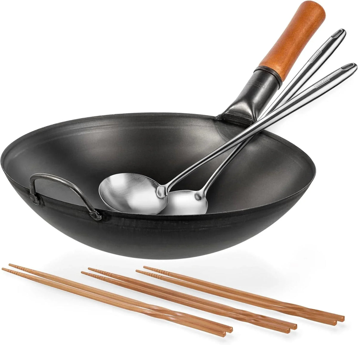 carbon-steel-woks-and-stir-fry-pans-14-17-wok-spatula-and-ladle-reusable-natural-wooden-long-cooking-chopsticks-set-of-3-pairs