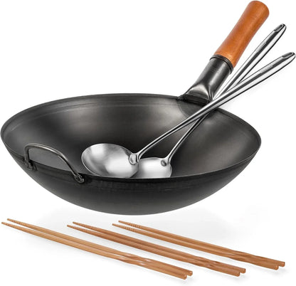 Carbon Steel Woks and Stir Fry Pans 14" + 17’’ Wok Spatula and Ladle + Reusable Natural Wooden Long Cooking Chopsticks Set of 3 Pairs1