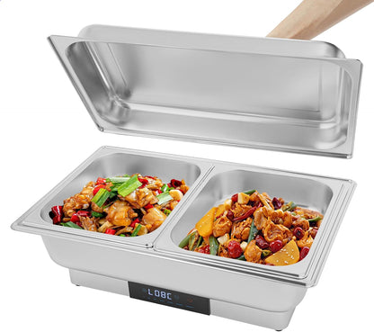 9L 2-Compartment Electric Chafing Dish, 110V Buffet Food Warmer, 600W Stainless Steel Electric Food Heating Tray with Touchscreen Temperature Control for Catering Banquet Party and Home Use1