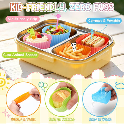 70PCS Silicone Lunch Box Dividers & Fun Animal Food Picks for Kids5