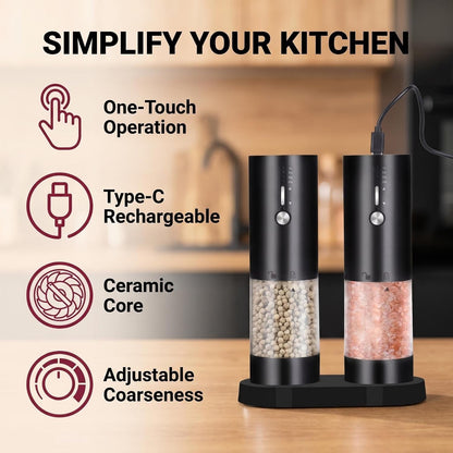 2Pack Electric Salt & Pepper Grinder Set One-Touch Operation Adjustable Coarseness Ceramic Grinding Core USB Rechargeable with LED Light for Kitchen, Restaurant, Outdoor, Black (Black+Black)5