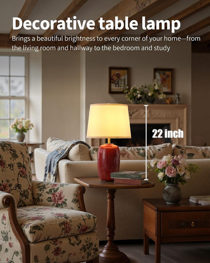 22 Inch Red Ceramic Table Lamps Set of 2, Fabric Lampshade Desk Lamp2