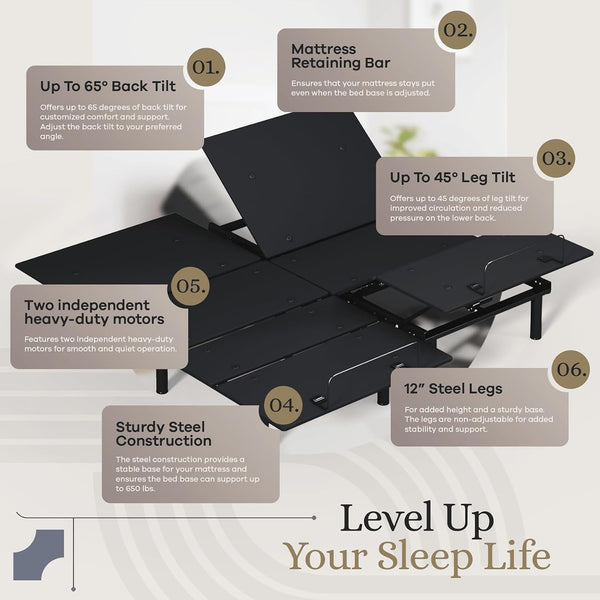 Sven & Son Essential Adjustable Bed Base (Frame) + 14 Inch Hybrid Spring Matt (Medium Soft), Easy Assembly, Head and Foot Lift, Memory Positions, Zero Gravity, Wireless Remote - Split King7