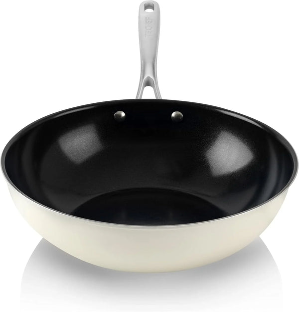 Techef Collection | Ceramic Nonstick Flat Bottom Wok Stir Fry Pan, Nontoxic - Free of PFAS, PFOA, PTFE (Wok 12")1