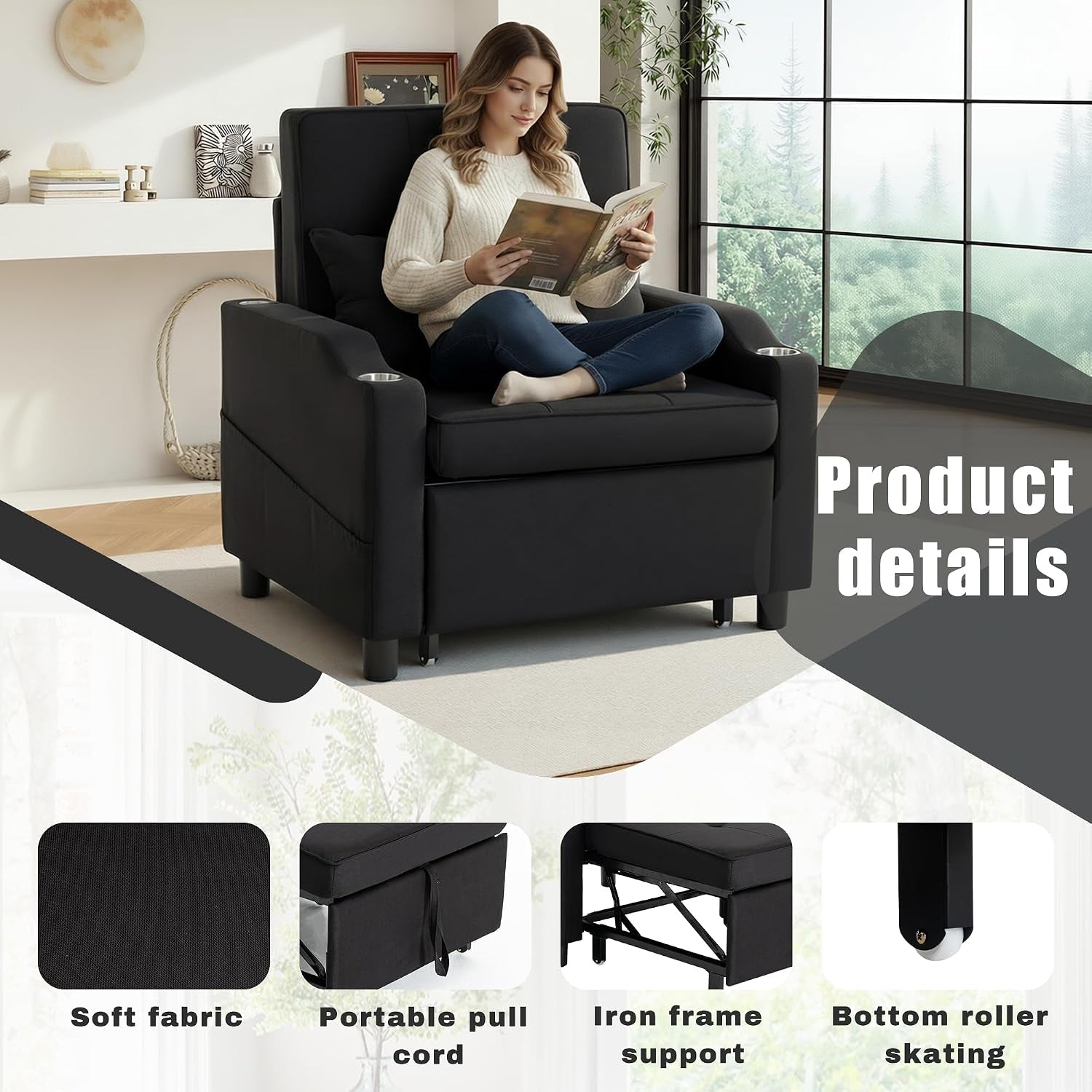 sleeper-chair-single-armchair-sofa-with-pillow-adjustable-backrest-recliner-sofa-modern-pull-out-couch-bed-with-usb-port-cup-holder-side-pocket-for-living-room-bedroomblack