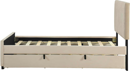 Twin Size Velvet Upholstered Platform Bed, Wood Bed Frame with Twin Size Trundle, Beige6