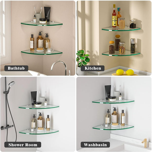 Corner Glass Shower Caddy 2 Pack 8Mm-Thick Tempered Glass Shelf No Drilling Wall Mount Corner Mounted Shelves Space Saver Adhesive Bathroom Home Shelf Shampoo Holder Organizer Strong Adhesion7