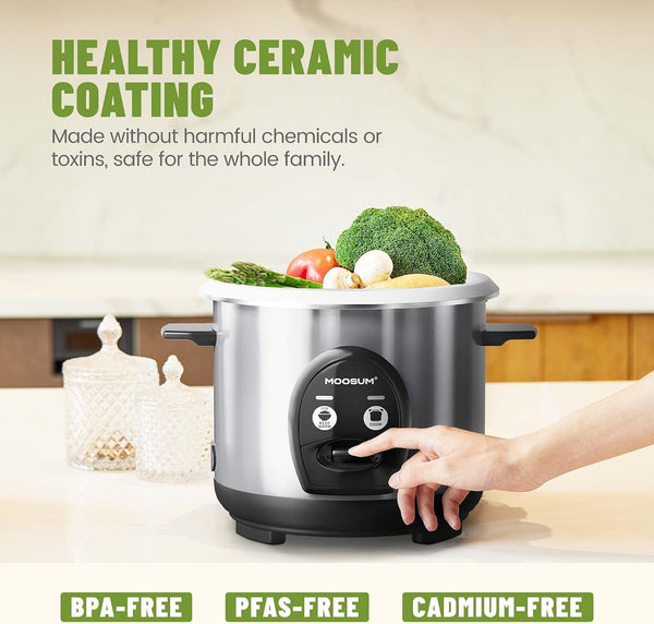 3-Cup Uncooked Rice Cooker Small - Ceramic Coating Non-Toxic Inner Pot, One-Touch Multifunction for Rice/Sauté/Yogurt, Dishwasher Safe, 1-3 People Size, Stainless Steel3