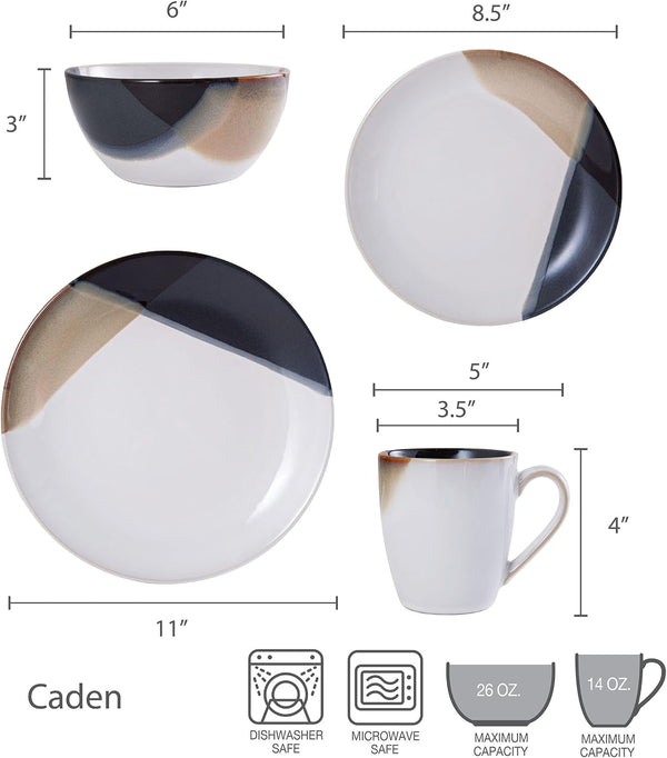 Mikasa Gourmet Basics Caden 16-Piece Stoneware Dinnerware Set, Service for 4, White Glossy Center with Black and Tan Two-Tone Reactive Glaze, Dishwasher and Microwave Safe3
