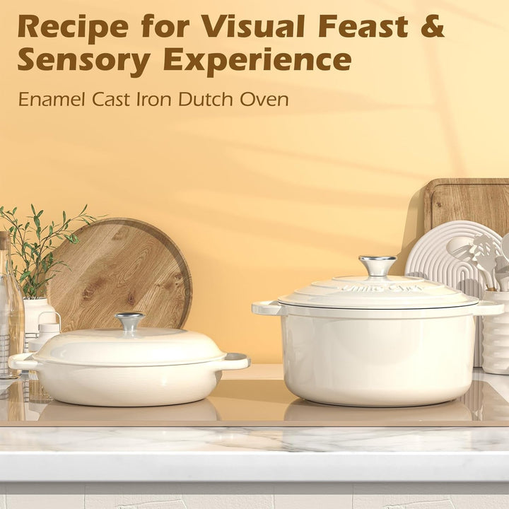 Enameled Cast Iron Dutch Oven -  5QT Pot with Lid & Cotton Potholders - Heavy-Duty Cookware for Bread Baking, Braising, Stews, Roasting(Cream White)+2