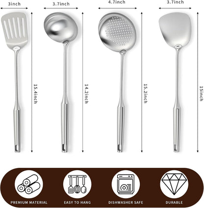 4-Piece Cooking Utensils Set, Stainless Steel Kitchen Utensils, Metal Kitchen Tools Include Solid & Slotted Turner Wok Spatula, Serving Spoon, Ergonomic Handle, Easy to Clean2
