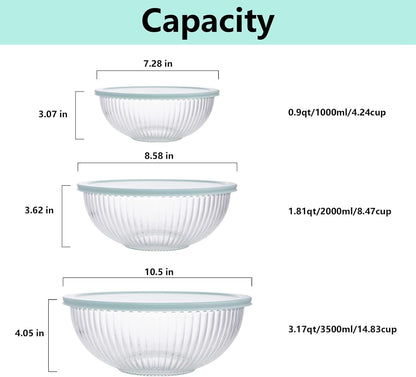 Glass Mixing Bowls with Lids Set of 3(3.7QT, 2.1QT, 1.1Qt),Large Kitchen Salad Bowls, Space-Saving Nesting Bowls, Clear Glass Serving Bowls for Cooking,Baking,Prepping,Dishwasher Safe2