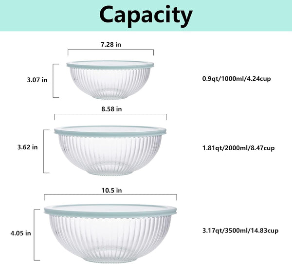 Glass Mixing Bowls with Lids Set of 3(3.7QT, 2.1QT, 1.1Qt),Large Kitchen Salad Bowls, Space-Saving Nesting Bowls, Clear Glass Serving Bowls for Cooking,Baking,Prepping,Dishwasher Safe2