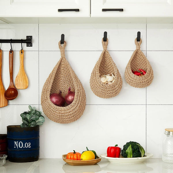 3 Hanging Baskets, Light Linen, Teardrop, Cotton Rope6