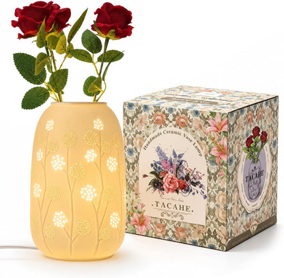 Ceramic Vase Table Lamp - 2700K Bulb & 3 Artificial Flowers Included1