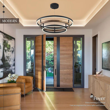 3 Ring LED Chandelier Modern Chandeliers Walnut Wood Black Dimmable 24''9